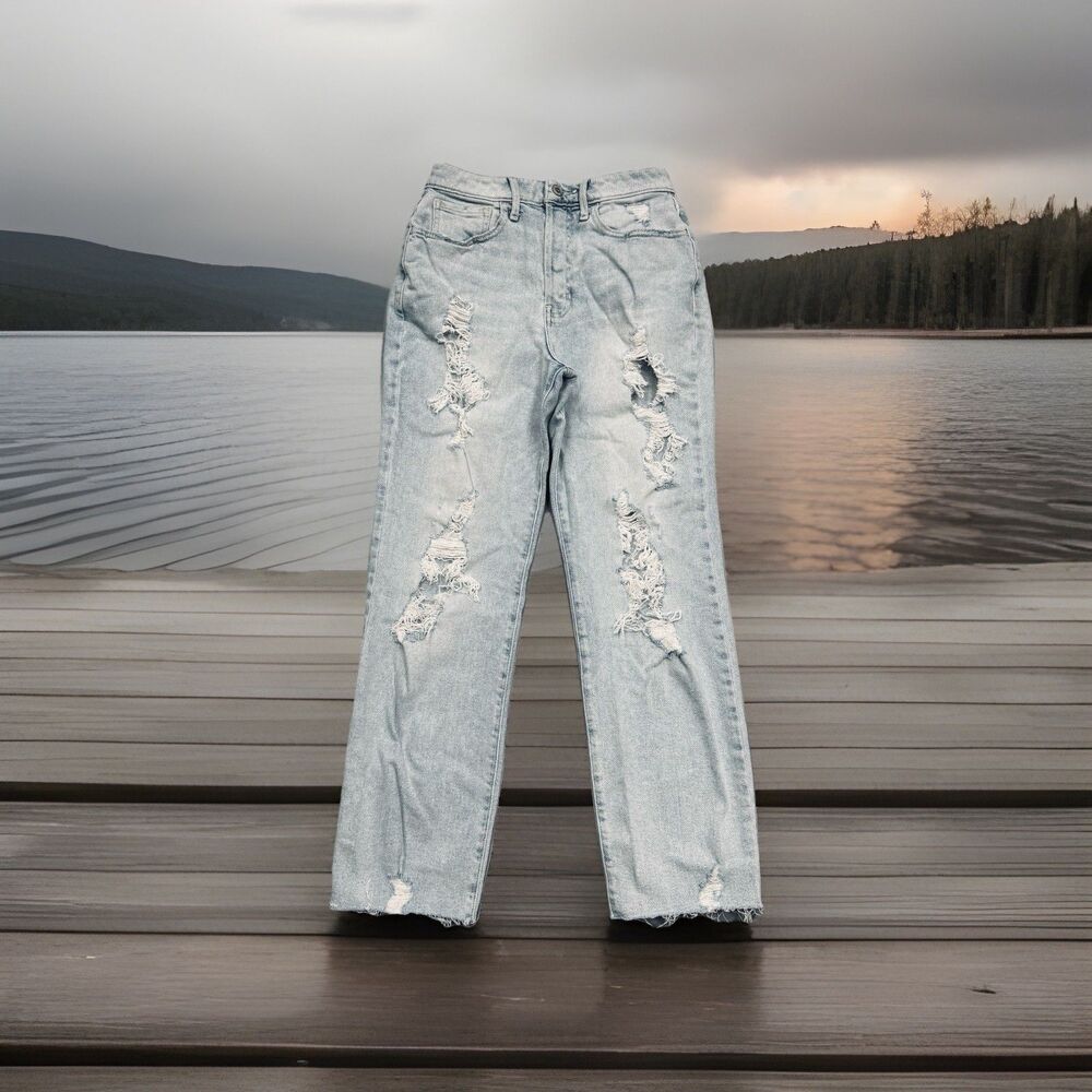 Hollister Ultra High Rise Straight Jeans 3 (25x27) Destroyed Blue Denim Juniors